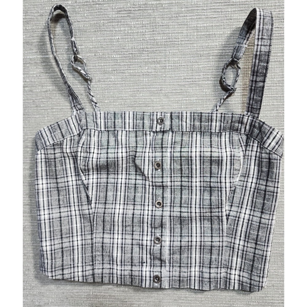 New Hollister Black White Plaid Button Front Smocked Back Crop Top Camisole M